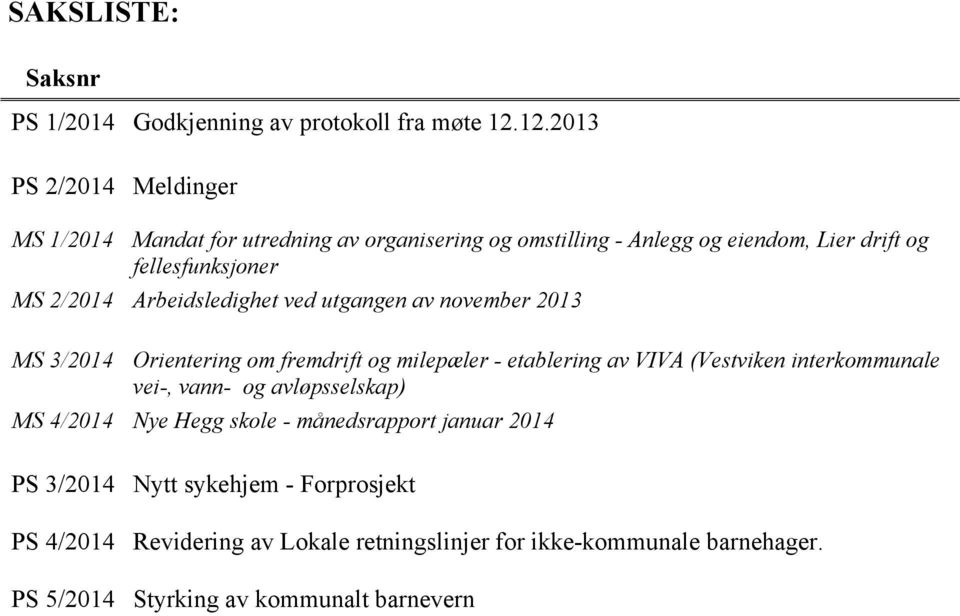 2/2014 Arbeidsledighet ved utgangen av november 2013 MS 3/2014 Orientering om fremdrift og milepæler - etablering av VIVA (Vestviken interkommunale