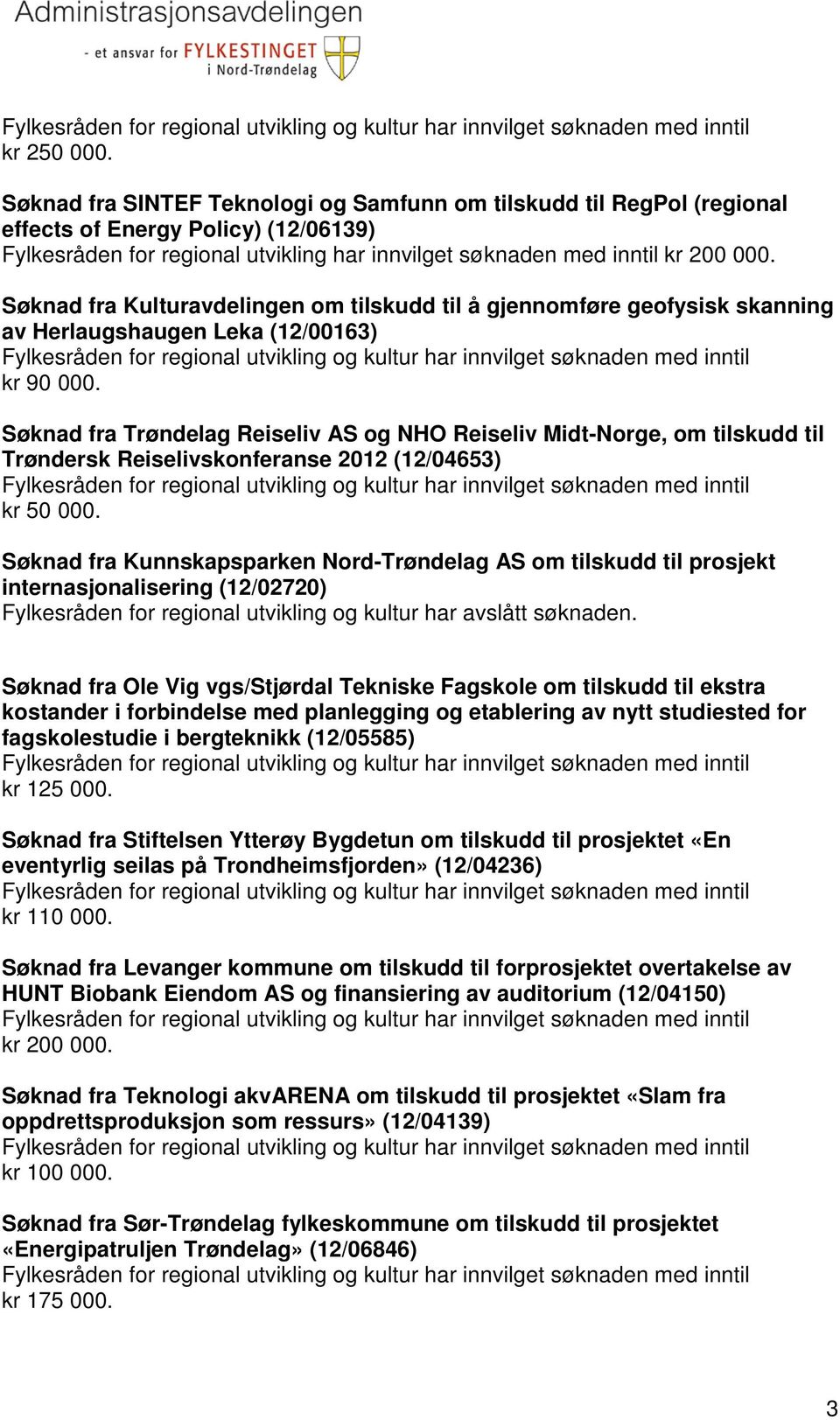 Søknad fra Trøndelag Reiseliv AS og NHO Reiseliv Midt-Norge, om tilskudd til Trøndersk Reiselivskonferanse 2012 (12/04653) Søknad fra Kunnskapsparken Nord-Trøndelag AS om tilskudd til prosjekt