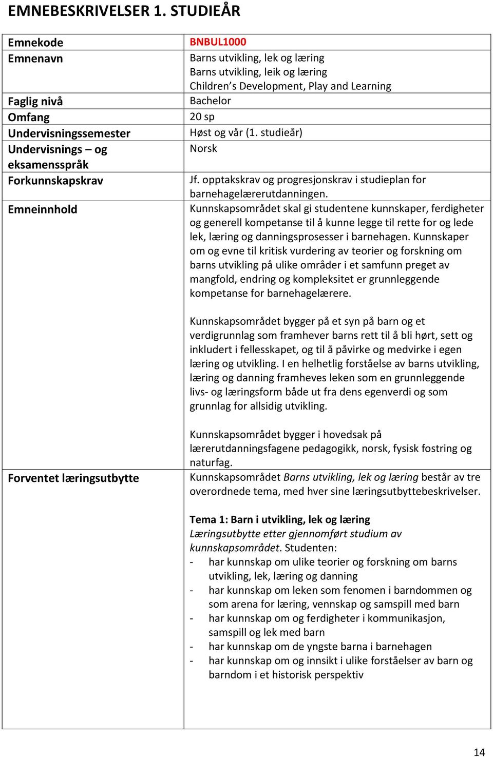 læring Children s Development, Play and Learning Bachelor 20 sp Høst og vår (1. studieår) Norsk Jf. opptakskrav og progresjonskrav i studieplan for barnehagelærerutdanningen.