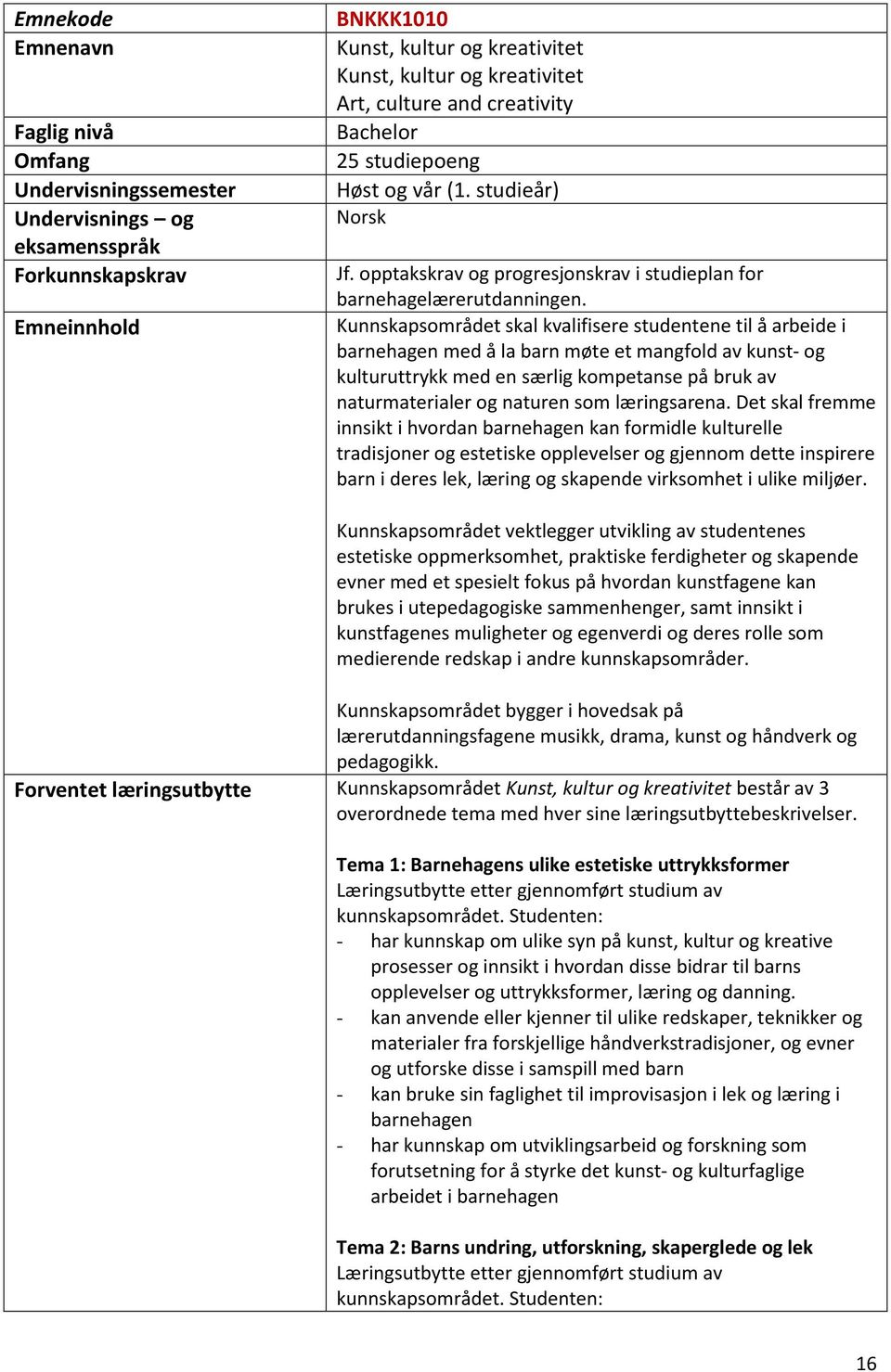 Kunnskapsområdet skal kvalifisere studentene til å arbeide i barnehagen med å la barn møte et mangfold av kunst- og kulturuttrykk med en særlig kompetanse på bruk av naturmaterialer og naturen som