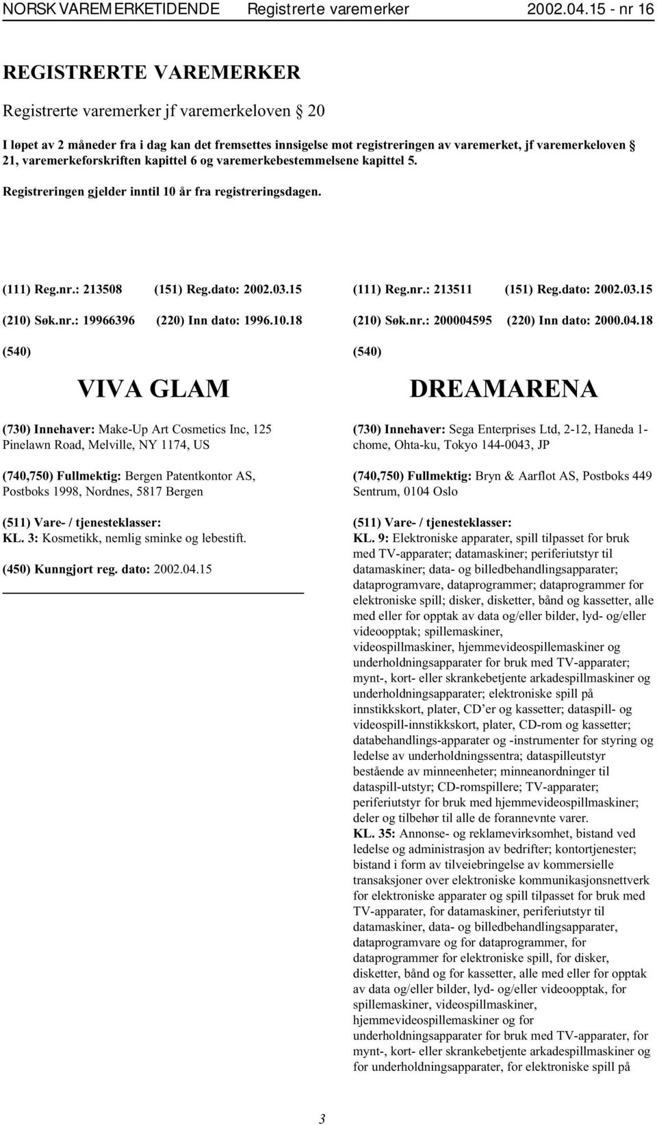 varemerkeforskriften kapittel 6 og varemerkebestemmelsene kapittel 5. Registreringen gjelder inntil 10 år fra registreringsdagen. (111) Reg.nr.: 213508 (151) Reg.dato: 2002.03.15 (210) Søk.nr.: 19966396 (220) Inn dato: 1996.