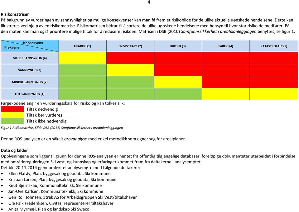 På den måten kan man også prioritere mulige tiltak for å redusere risikoen. Matrisen i DSB (2010) Samfunnssikkerhet i arealplanleggingen benyttes, se figur 1.