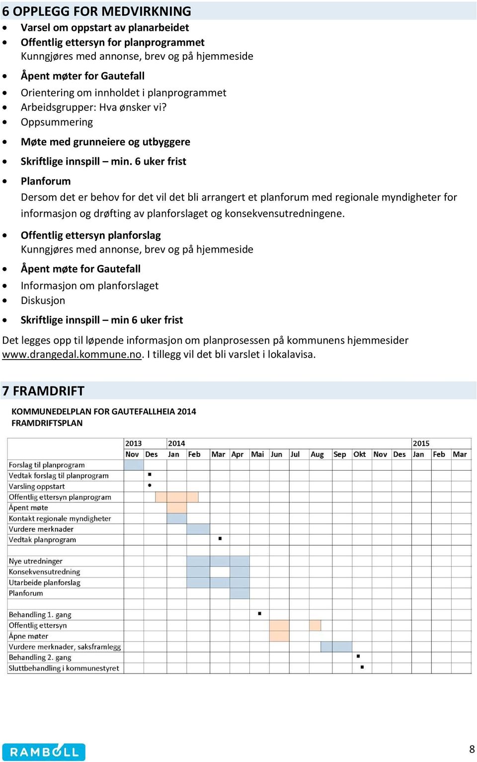 6 uker frist Planforum Dersom det er behov for det vil det bli arrangert et planforum med regionale myndigheter for informasjon og drøfting av planforslaget og konsekvensutredningene.