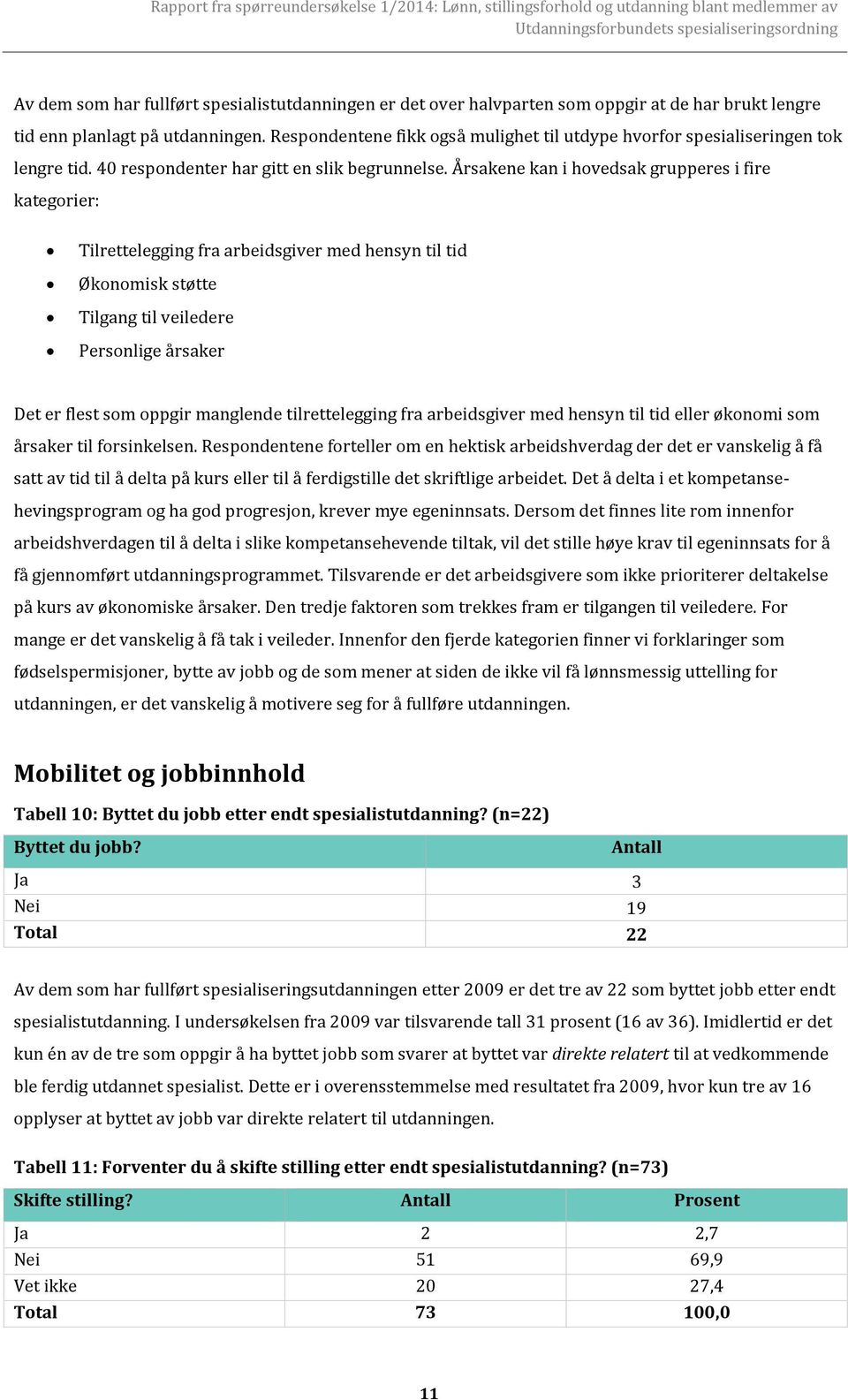 Årsakene kan i hovedsak grupperes i fire kategorier: Tilrettelegging fra arbeidsgiver med hensyn til tid Økonomisk støtte Tilgang til veiledere Personlige årsaker Det er flest som oppgir manglende