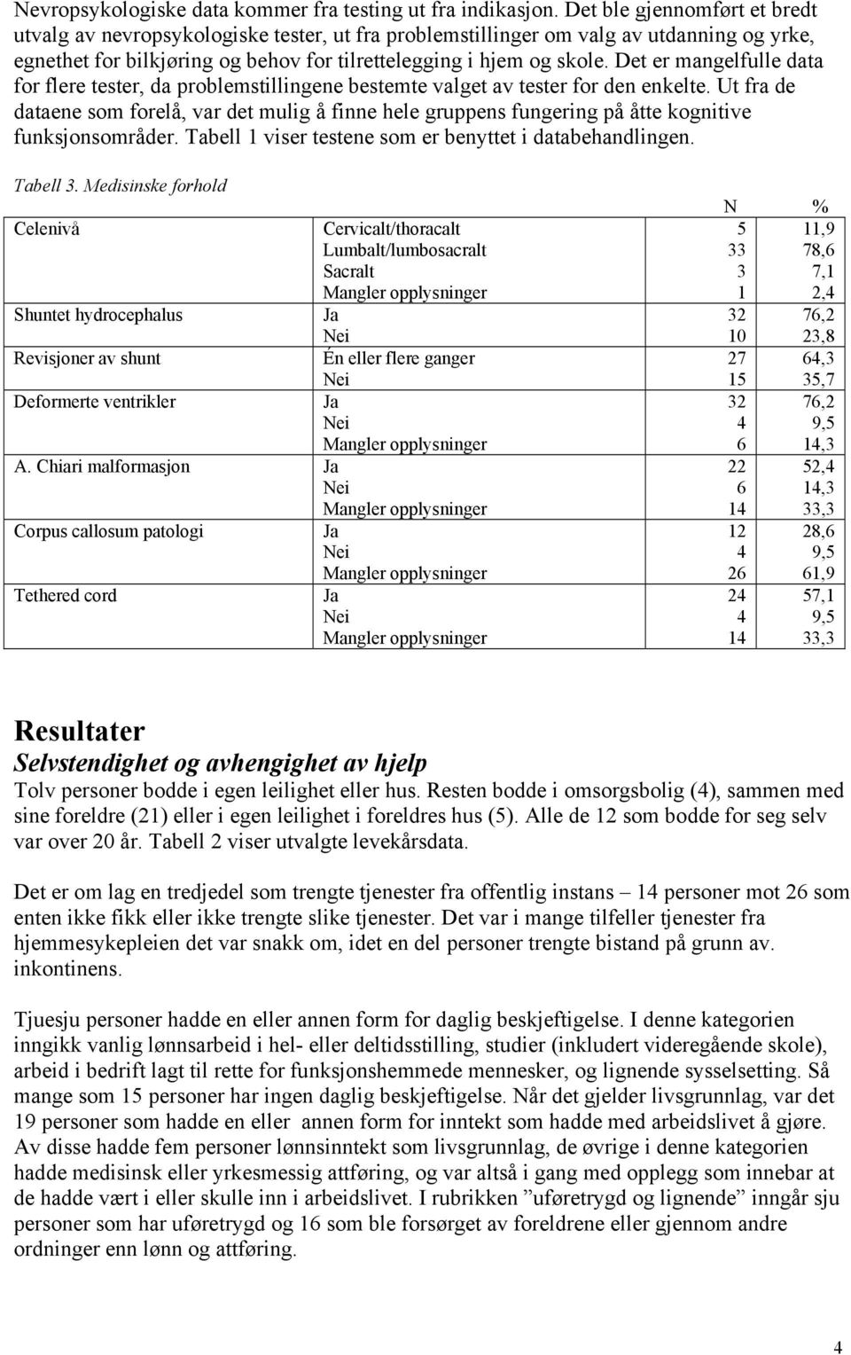 Det er mangelfulle data for flere tester, da problemstillingene bestemte valget av tester for den enkelte.