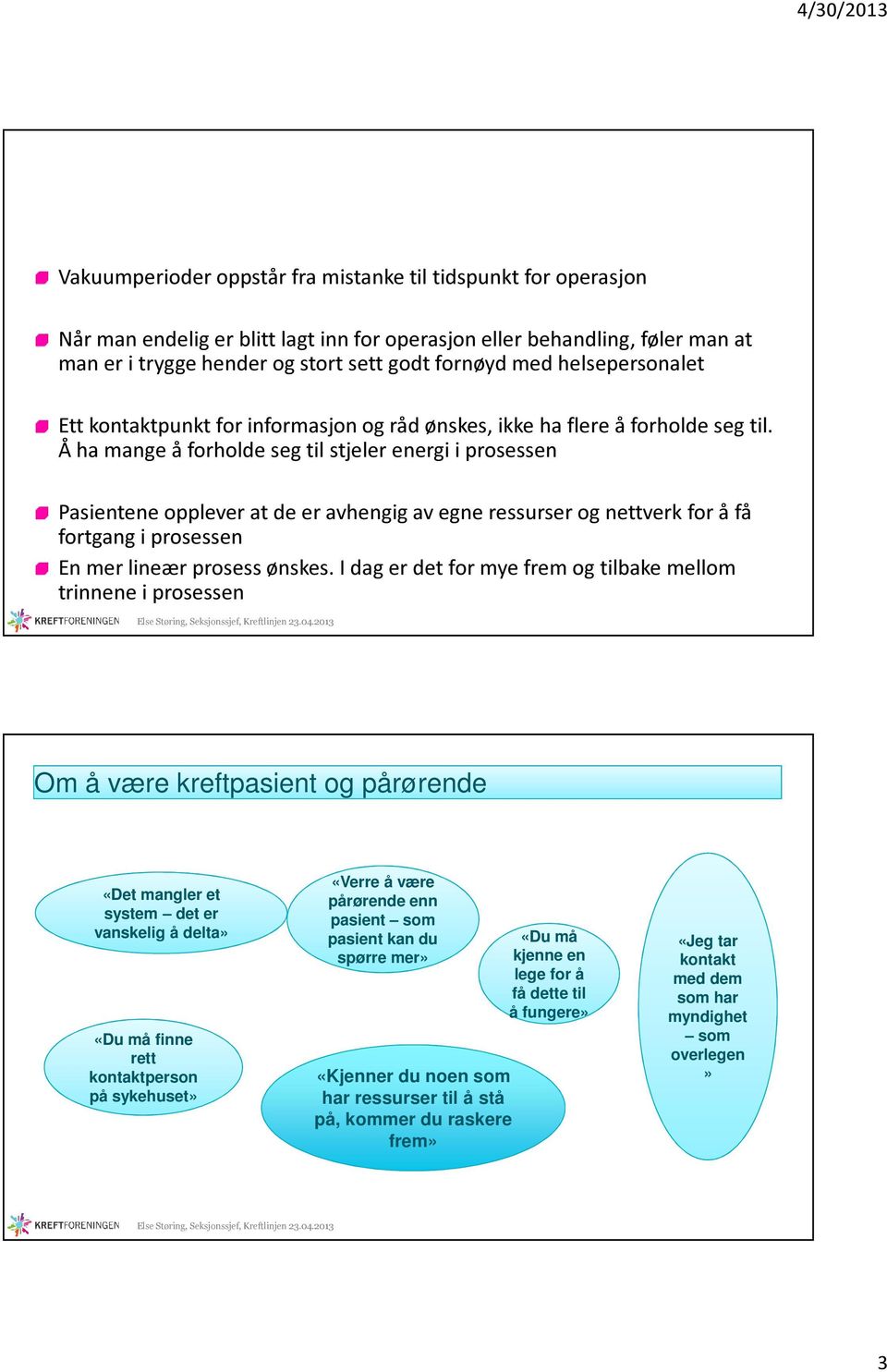 Å ha mange å forholde seg til stjeler energi i prosessen Pasientene opplever at de er avhengig av egne ressurser og nettverk for å få fortgang i prosessen En mer lineær prosess ønskes.