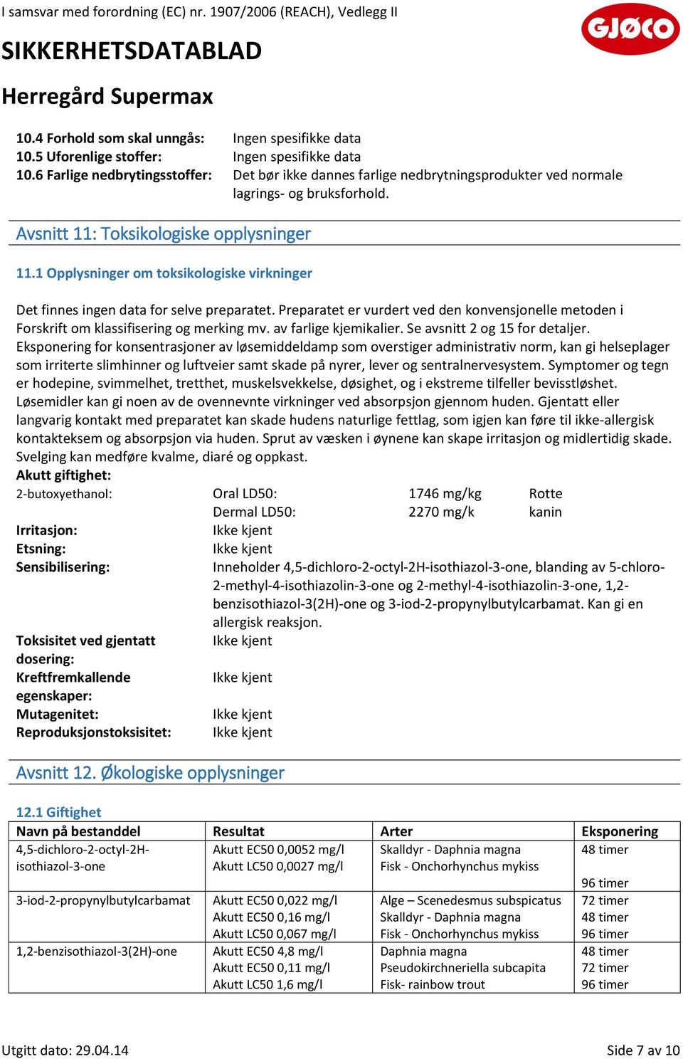 1 Opplysninger om toksikologiske virkninger Det finnes ingen data for selve preparatet. Preparatet er vurdert ved den konvensjonelle metoden i Forskrift om klassifisering og merking mv.