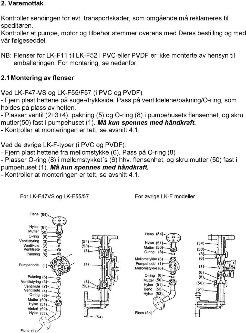 For montering, se nedenfor. 2.1 Montering av flenser Ved LK-F47-VS og LK-F55/F57 (i PVC og PVDF): - Fjern plast hettene på suge-/trykkside.