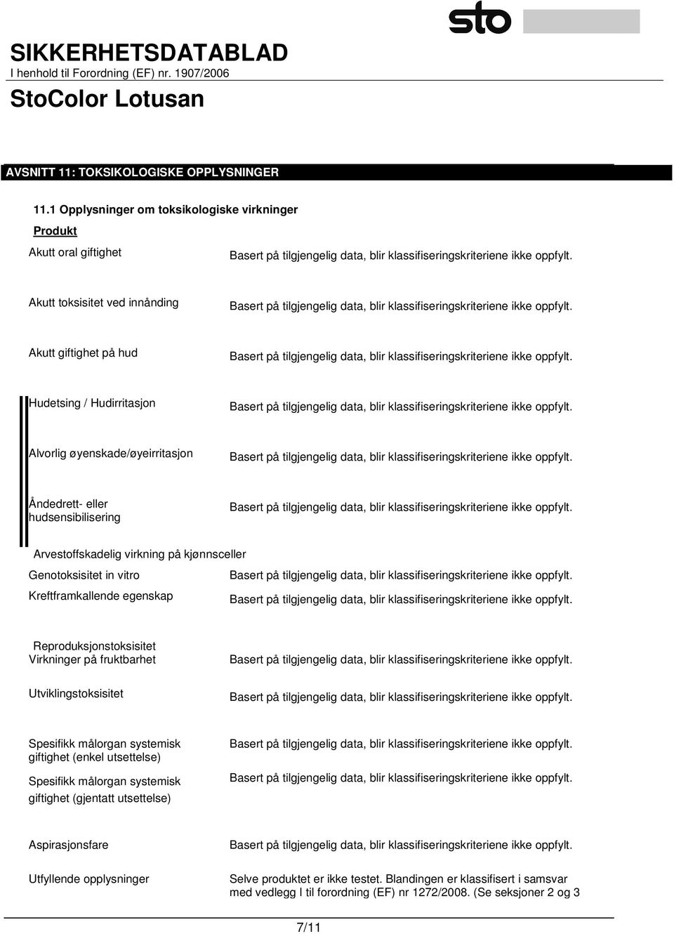 øyenskade/øyeirritasjon Åndedrett- eller hudsensibilisering Arvestoffskadelig virkning på kjønnsceller Genotoksisitet in vitro Kreftframkallende egenskap Reproduksjonstoksisitet