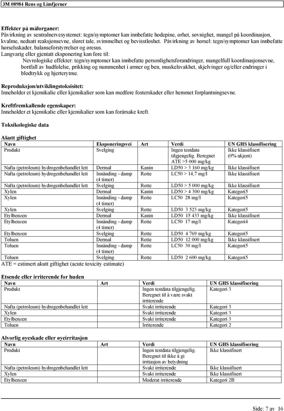 Langvarig eller gjentatt eksponering kan føre til: Nevrologiske effekter: tegn/symptomer kan innbefatte personlighetsforandringer, mangelfull koordinasjonsevne, bortfall av hudfølelse, prikking og