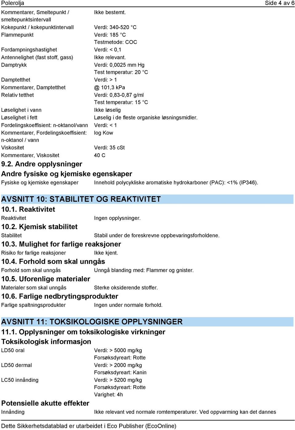 0,0025 mm Hg Test temperatur: 20 C Damptetthet Verdi: > 1 er, Damptetthet @ 101,3 kpa Relativ tetthet Verdi: 0,83-0,87 g/ml Test temperatur: 15 C Løselighet i vann Ikke løselig Løselighet i fett