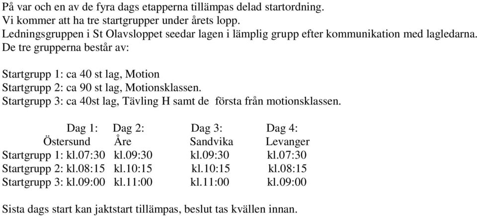 De tre grupperna består av: Startgrupp 1: ca 40 st lag, Motion Startgrupp 2: ca 90 st lag, Motionsklassen.