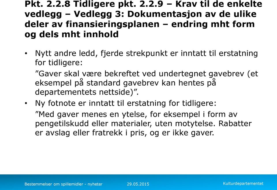 mht innhold Nytt andre ledd, fjerde strekpunkt er inntatt til erstatning for tidligere: Gaver skal være bekreftet ved undertegnet gavebrev (et