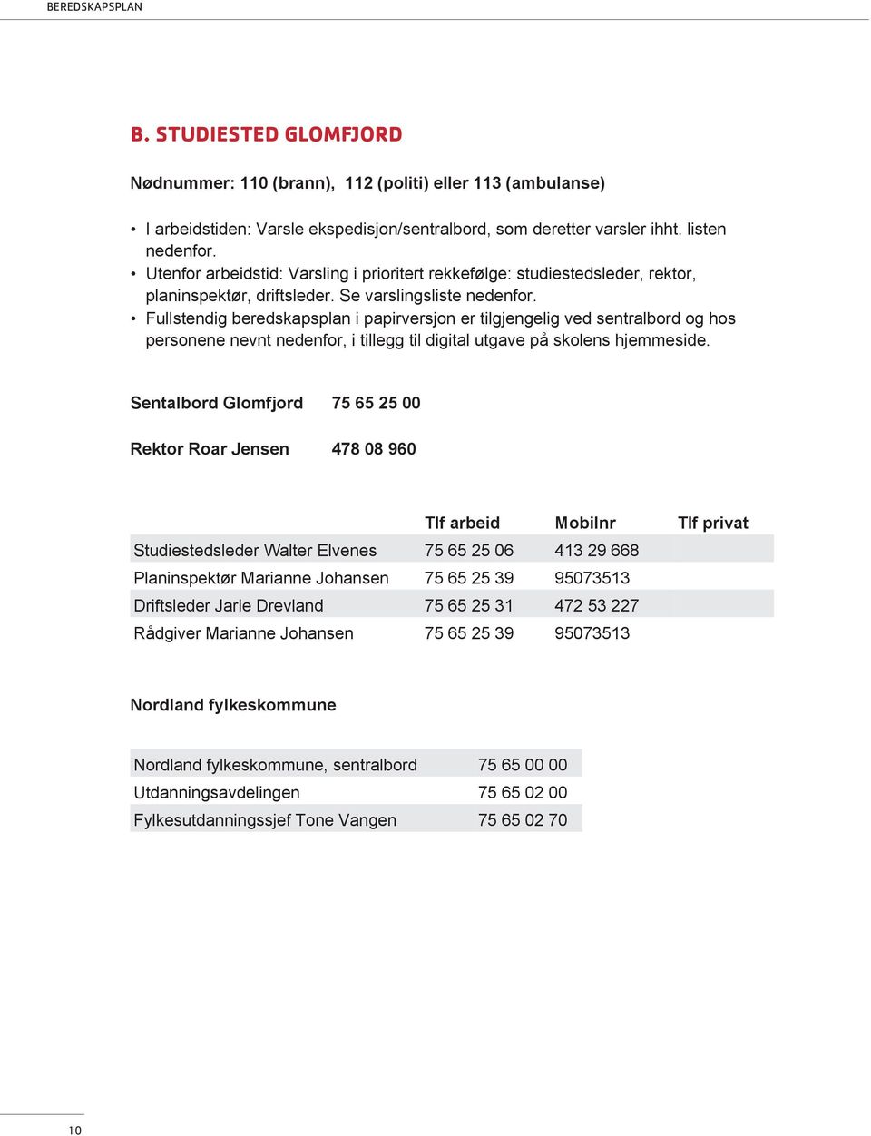 Fullstendig beredskapsplan i papirversjon er tilgjengelig ved sentralbord og hos personene nevnt nedenfor, i tillegg til digital utgave på skolens hjemmeside.