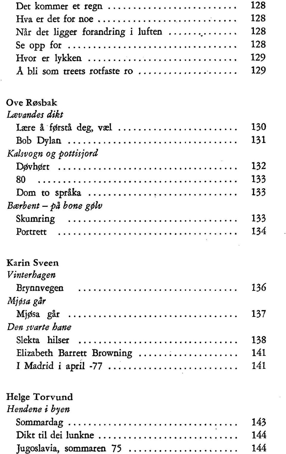 Bærbent på bone gøh Skumring 133 Portrett 134 Karin Sveen Vinterhagen Brynnvegen 136 Mjøsa går Mjøsa går 137 Den svarte hane Slekta hilser 138