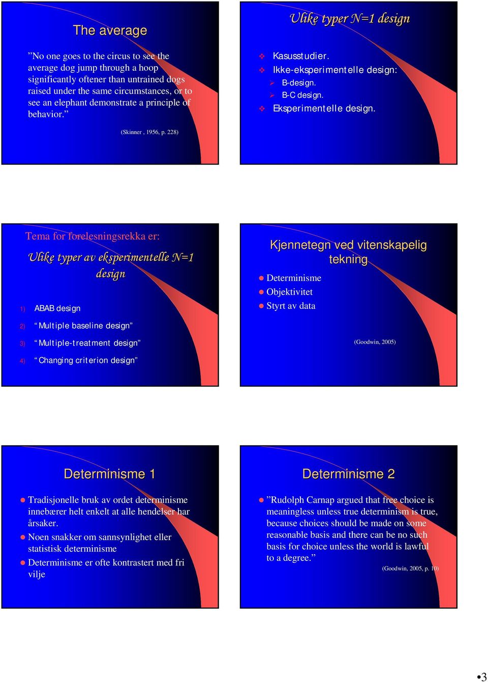 228) Tema for forelesningsrekka er: Ulike typer av eksperimentelle N=1 design 1) ABAB design Kjennetegn ved vitenskapelig tekning Determinisme Objektivitet Styrt av data 2) Multiple baseline design