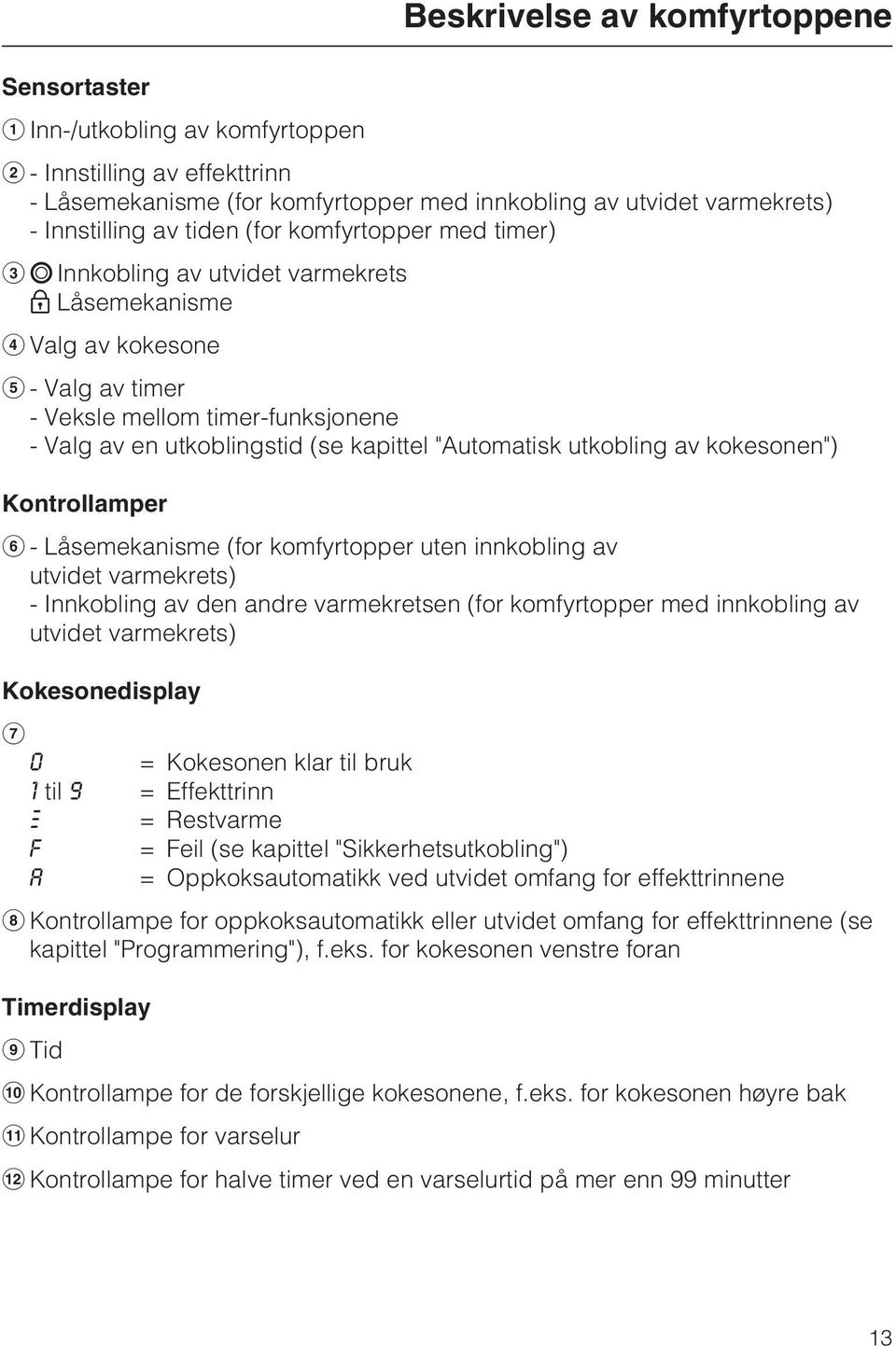 "Automatisk utkobling av kokesonen") Kontrollamper f - Låsemekanisme (for komfyrtopper uten innkobling av utvidet varmekrets) - Innkobling av den andre varmekretsen (for komfyrtopper med innkobling