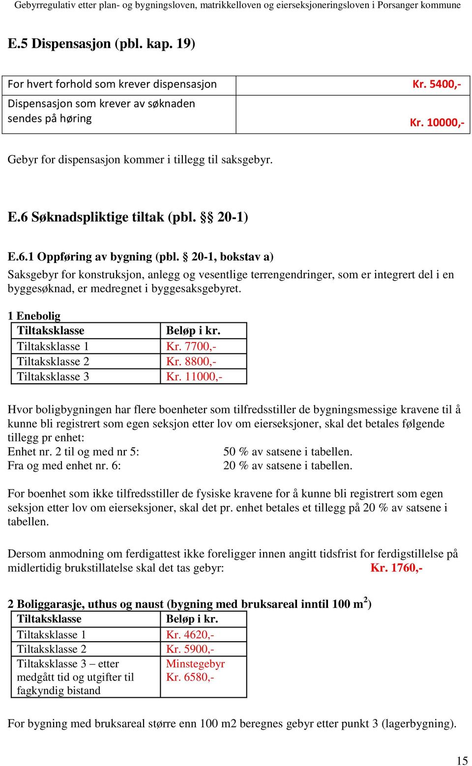 20-1, bokstav a) Saksgebyr for konstruksjon, anlegg og vesentlige terrengendringer, som er integrert del i en byggesøknad, er medregnet i byggesaksgebyret. 1 Enebolig Tiltaksklasse Beløp i kr.