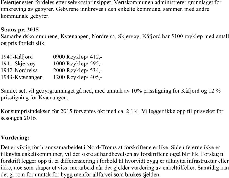 2015 Samarbeidskommunene, Kvænangen, Nordreisa, Skjervøy, Kåfjord har 5100 røykløp med antall og pris fordelt slik: 1940-Kåfjord 0900 Røykløp/ 412,- 1941-Skjervøy 1000 Røykløp/ 595,- 1942-Nordreisa