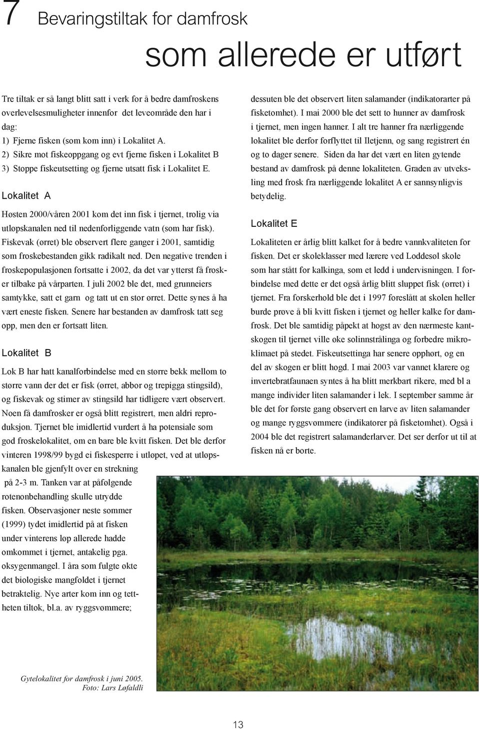 Lokalitet A Høsten 2000/våren 2001 kom det inn fisk i tjernet, trolig via utløpskanalen ned til nedenforliggende vatn (som har fisk).