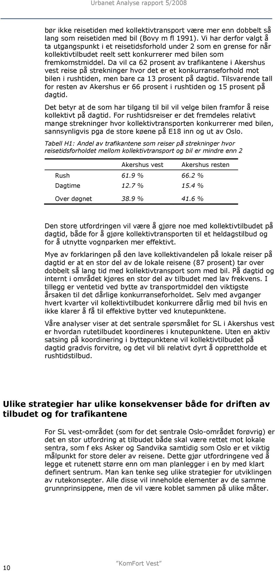 Da vil ca 62 prosent av trafikantene i Akershus vest reise på strekninger hvor det er et konkurranseforhold mot bilen i rushtiden, men bare ca 13 prosent på dagtid.