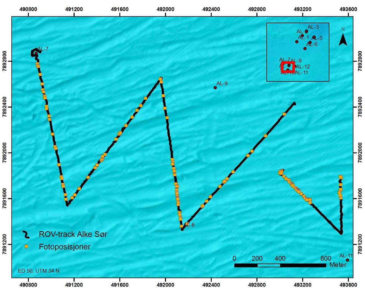 5.7 Alke Sør (Eni) 5.7.1 Generelt Til sammen ble det tilbakelagt en distanse av 7 150 meter på Alke Sør (PL489), kjøremønster er vist i Figur 5-22.