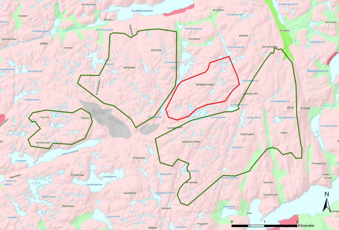 Ecofact rapport 283 Side 16 Figur 7. Løsmassekart for området. Planområdet (rød linje) ligger i et område dominert av bart fjell og tynt løsmassedekke.