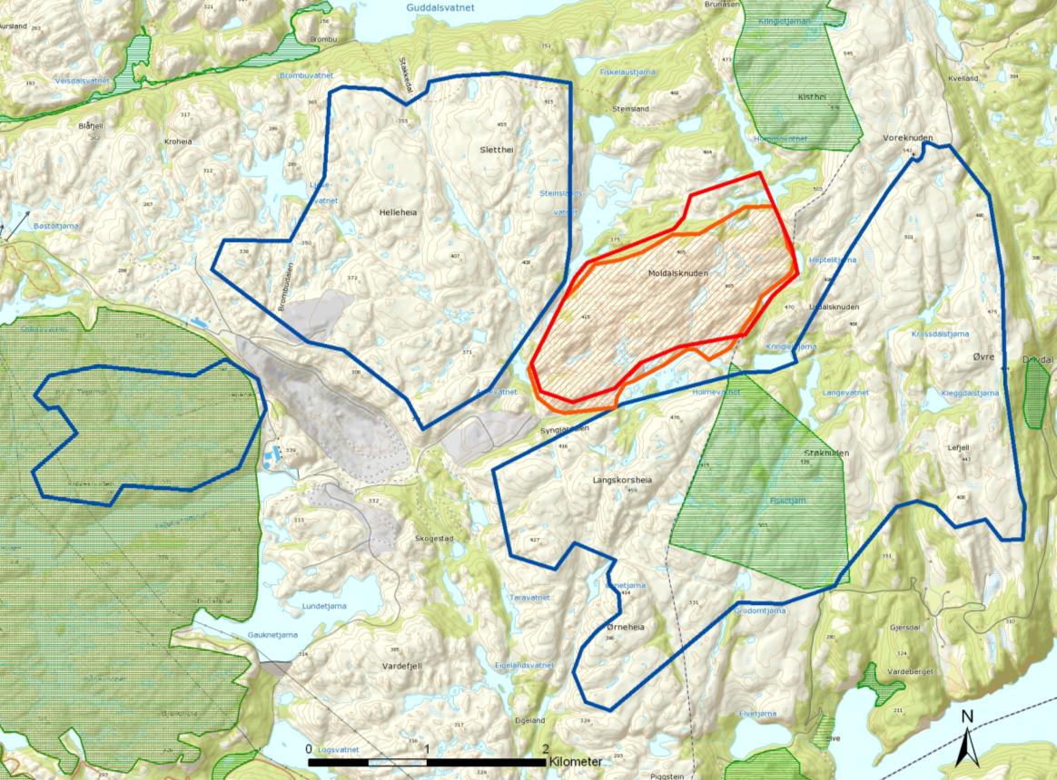 Ecofact rapport 283 Side 17 Figur 8. Naturtypelokaliteter i og nær planområdet. De tre store områdene som er skravert grønt er registrert som kystlynghei i Naturbase og verdisatt som viktige.