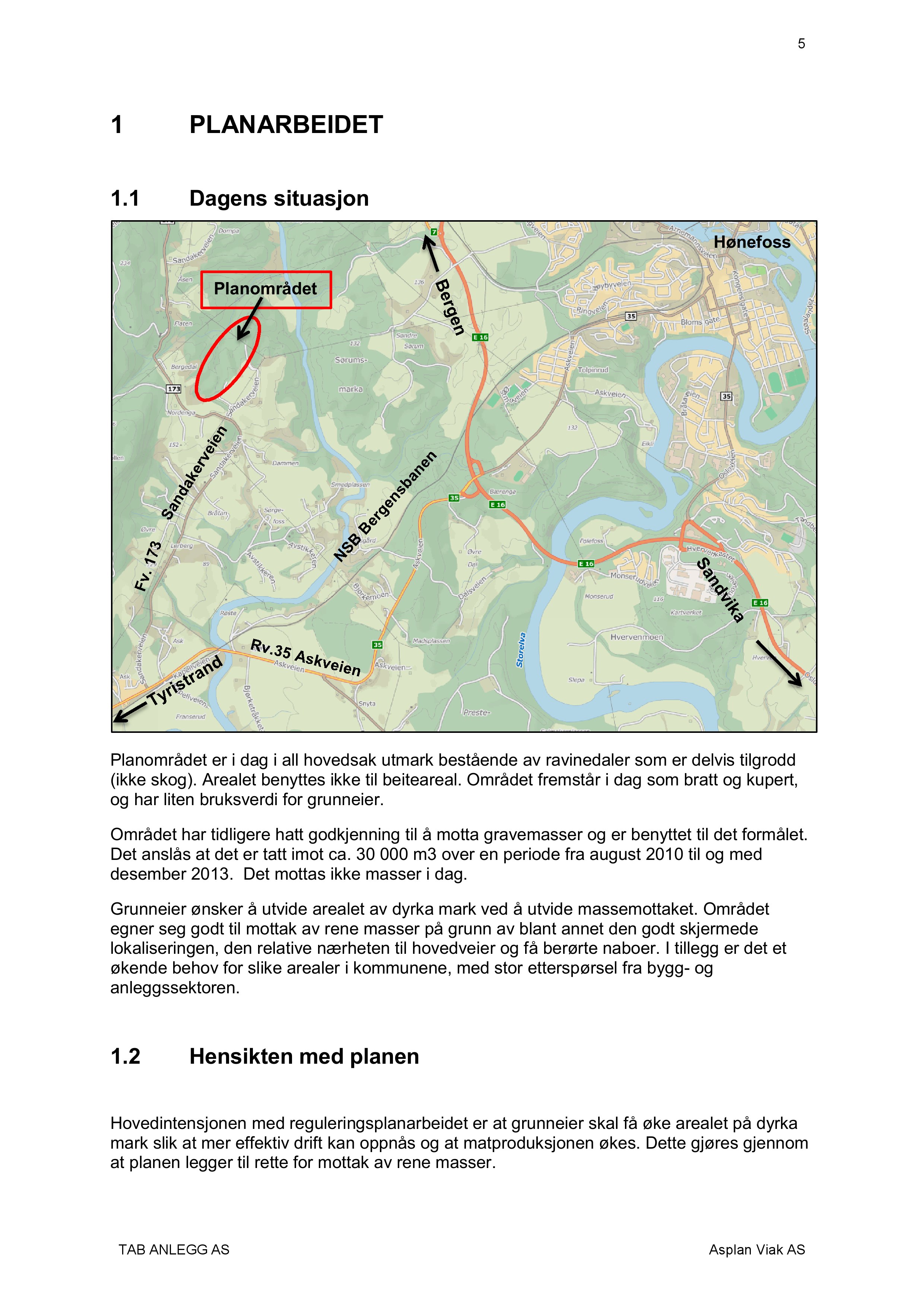 5 1 PLAN ARBEIDET 1.1 Dagens situasjon Hønefoss Planområdet Planområdet er i dag i all hovedsak utmark bestående av ravinedaler som er delvis tilgrodd (ikke skog).