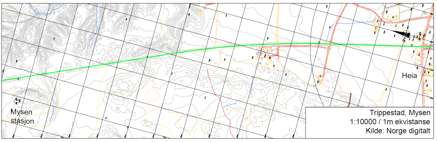 3.6 Alternativ 6 - Trippestad Området ligger ca. 7,5 kilometer sør for Mysen stasjon, rett nord for Heia stasjon. Det er skogsområde og jordbrusareal som vil påvirkes ved bygging.