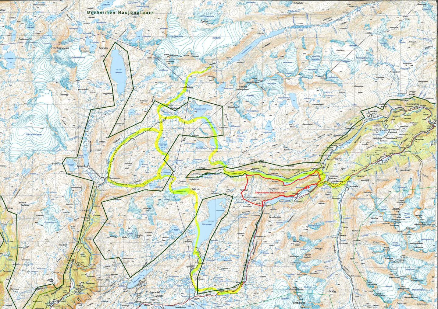 Traseen for kjentmannskøyring innanfor Høydalen landskapsvernområde og Breheimen nasjonalpark, skildra i søknaden.