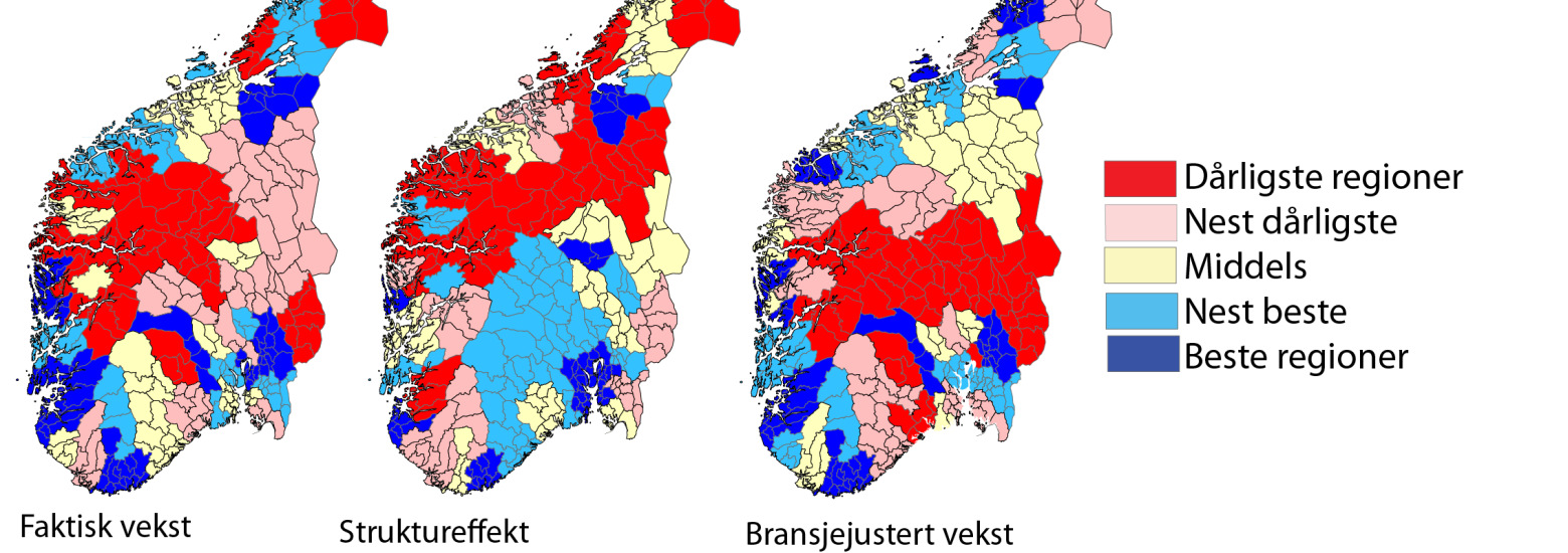 3.4 Kart med struktureffekt og bransjejustert vekst Figur 25: Faktisk arbeidsplassvekst i næringslivet, struktureffekten og bransjejustert vekst for regionene fra 2000 til 2011.