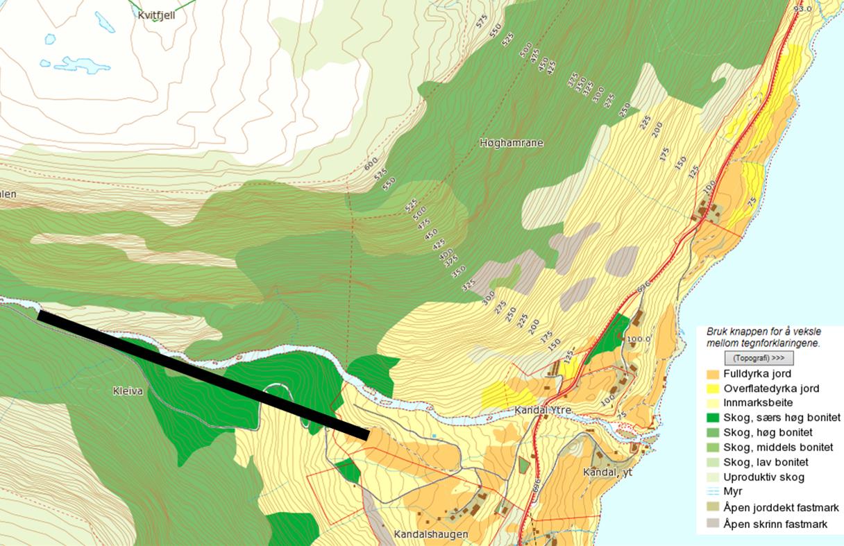 Figur 8. Arealene langs sørsiden av Neselva domineres av skog med høy til særs høy bonitet i øvre partier og innmarksbeite/fulldyrket jord i nedre partier (kilde: www.ngu.no/kart/arealisngu/).