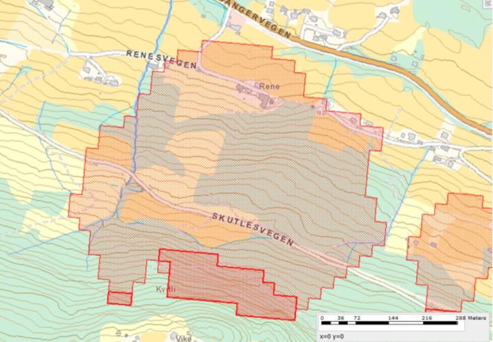 SKREDFAREVURDERING FOR REGULERINGSPLAN PÅ RENE, VOSS KOMMUNE 8 Fig. 6 Aktsemdskart utarbeidd av NGI som syner faresoner (brun skravur) for snøskred kombinert med steinsprang.