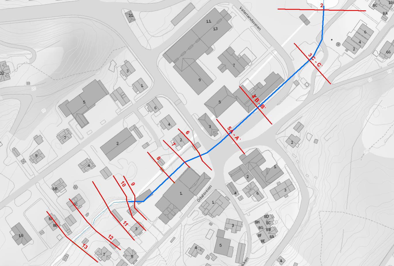 17 5.2 Plassering av tverrprofiler Figur 9 viser benyttede tverrprofiler i Hec-Ras modellen. For profil 3 5 er Vaterland-tverrsnitt benyttet. For profil 6 9 er Bøbekken park-tverrsnitt benyttet.