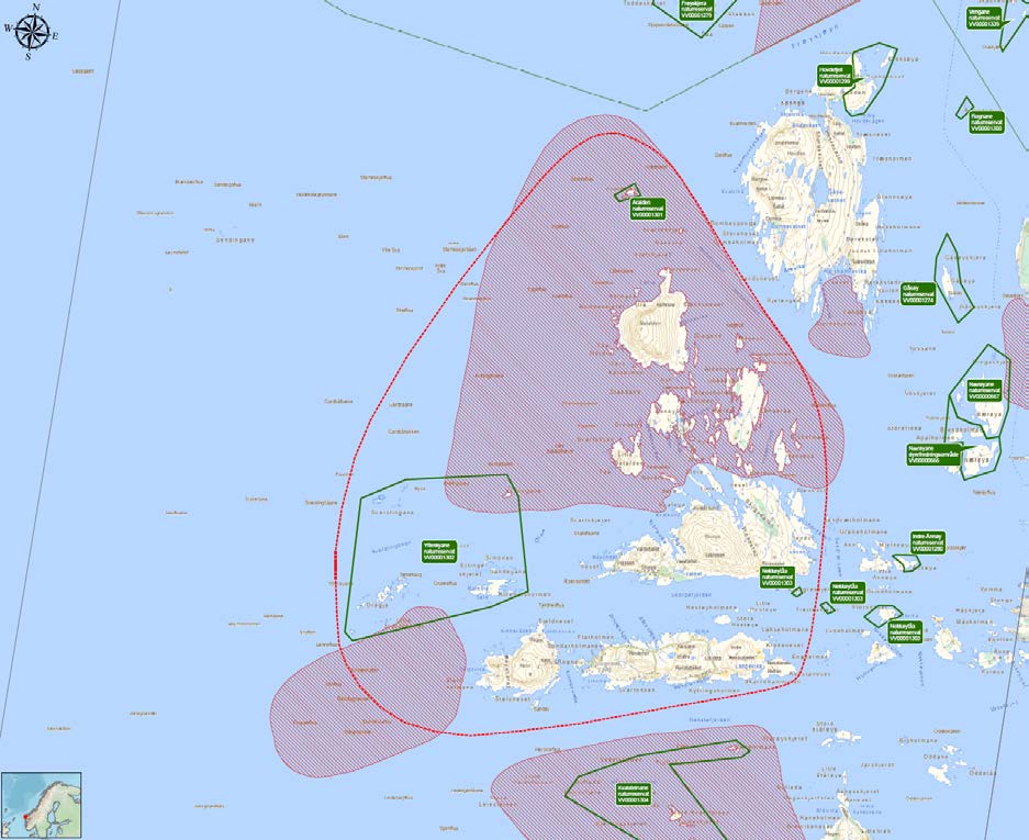 Områdekart for Sverslingsosen-Skorpa, inkludert vernede områder. Navngitte områder er vernet. Områder skravert i rødt; kystnære gyteområder. Områder skravert i grønt; marine naturtyper, verdi A. 2.