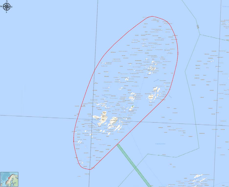 Områdekart for Træna. Områder som er skravert i grønt; marine naturtyper, verdi A. 2.