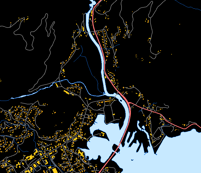 Figur 1. Øverst: Oversiktskart over Sundsbarm kraftverk med inntak (punkter) og vannveier (svarte linjer).
