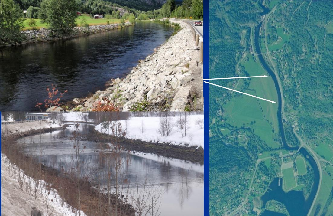 Steinsettinger ute i elva Den øvre strekningen av Vallaråi langs E-134 er relativt ensartet (se Kap. 4, Fig. 16) både hydraulisk og mht. substrat.