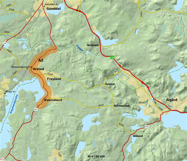 14 Figur 5 Hovedalternativ A2: Antatt korridor for miljø- og trafikksikringstiltak langs eksisterende rv. 505 4.