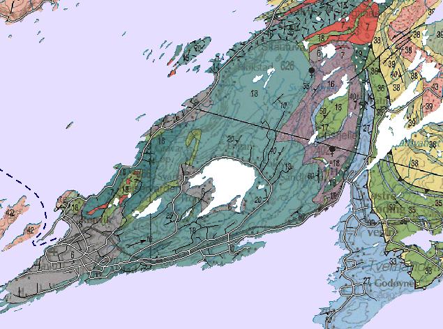 Geologisk grunnlag for pukkproduksjon på Bodøhalvøya Berggrunnen på Bodøhalvøya består primært av ulike glimmerskifre/kalkglimmerskifre (blågrå, fiolett og grønn på kartet).