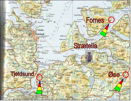 3. Topografi snødrift og terrengmodell 3.3 Kart Oversiktskart værstasjoner Figur 3.3.1: Kart over strekningen Harstad- Bjerkvik som viser værstasjonene med framherskende vindretning fra vinteren 2003-2004 og Strætelia hvor Avalhex er montert.