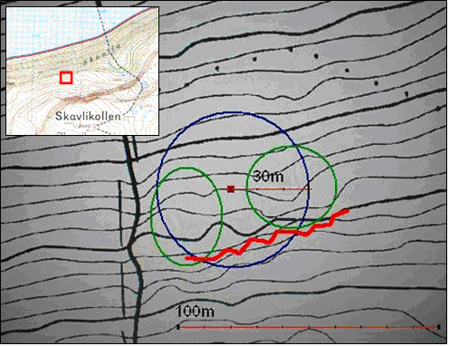 3. Topografi snødrift og terrengmodell Kart over plassering av Avalhex Avalhex skredutløser står plassert på en liten forhøyning rett under et flog.