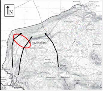 3. Topografi snødrift og terrengmodell Sørlig vind Høye fjell er her med på å styre vinden ut fjordarmene.