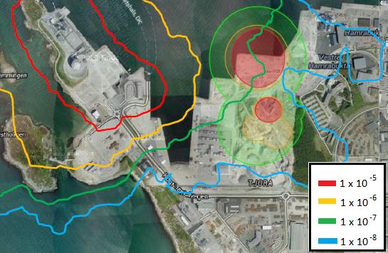 Figur 2.1-4 Risikokonturene rundt LNG-anlegget vist sammen med risikokonturene for en oljeterminal i Risavika sør.