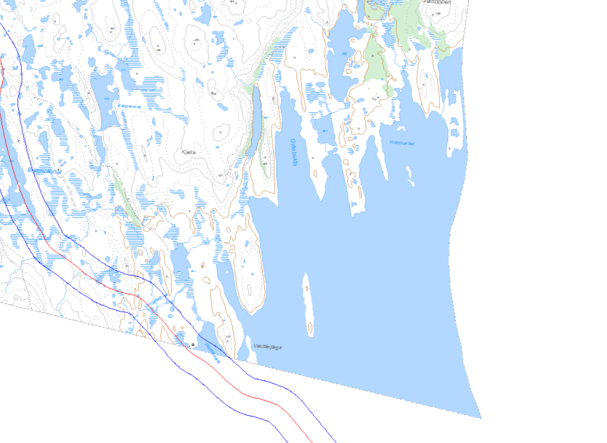 10 Kartet viser eksisterende skuterløype med rød strek, og eksisterende «rastegrense» på 300 meters på begge sider av løypa med blå strek Nils Ferdinand Arnesen legger ved GPS-spor av skuterløypa på