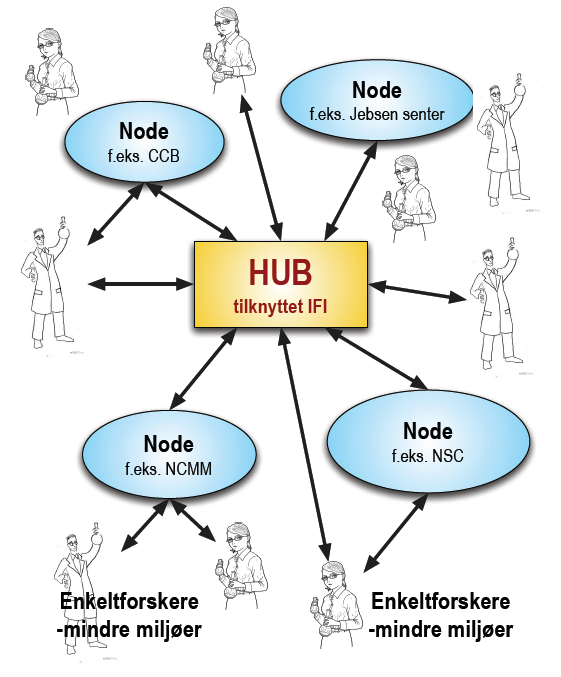 5 Struktur: Hub, noder og bioinformatikkbrukere: Hub en skal dels være arbeidsplass for ansatte i vitenskapelige og service-orienterte stillinger (med unntak av for eksempel USIT), og skal dessuten