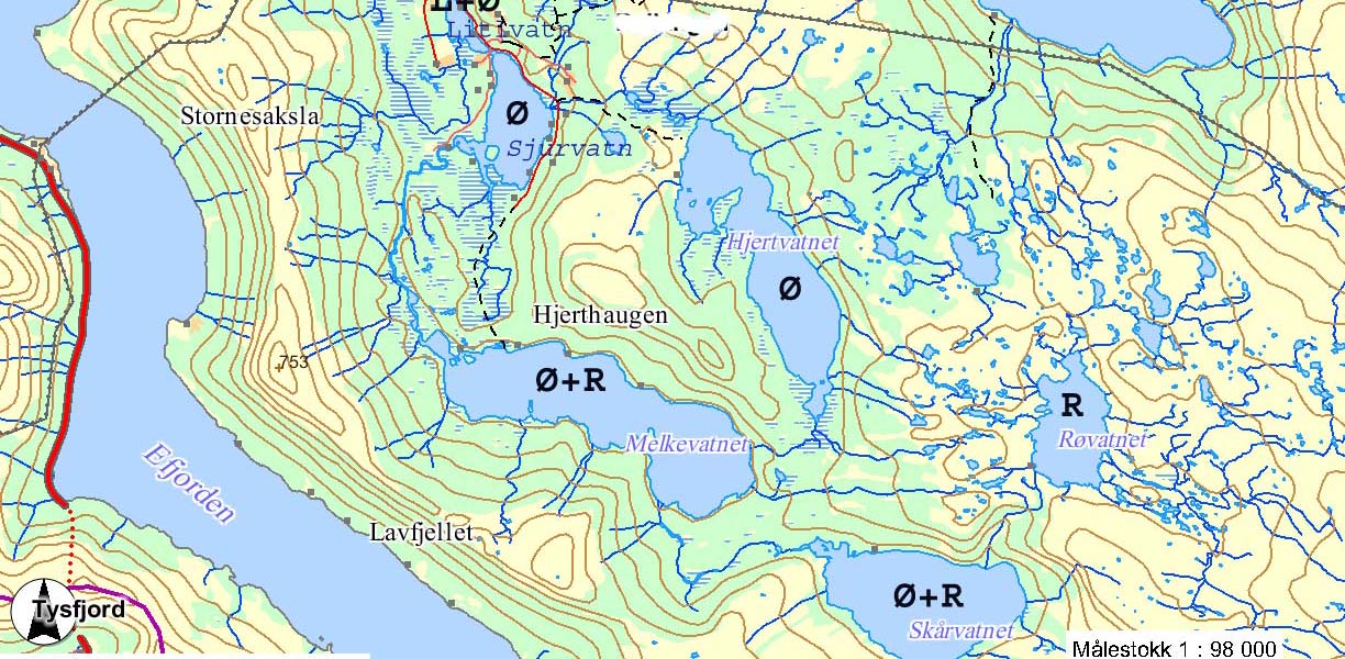 Figur 1. Kart over Forsåvassdraget med angivelse av fiskearter i de ulike innsjøene(l=laks, Ø=ørret, R=røye) Basert på Gulseth & Nygaard (1982), Moen & Heggberget (1976) og Halvorsen (1999,2001).