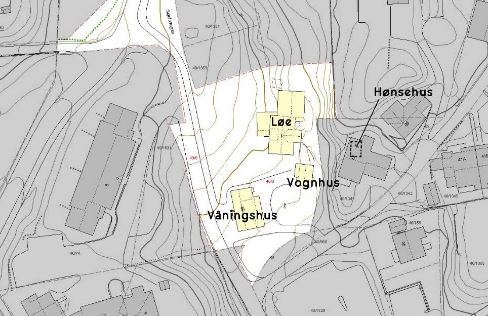 3. Bygningsmiljø Oversikt tun gnr 40 bnr 8, dagens situasjon Tunet Det er i dag tre gjenværende hus på bruk 8.