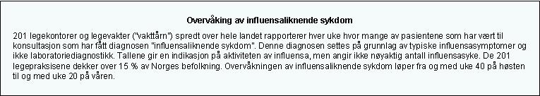 40 42 44 46 48 50 52 2 4 6 8 10 12 14 16 18 20 % pasienter med ILS % of patients with ILI Influensaovervåking 2012-13, uke 6 Influensaovervåkingen viser at forekomsten av influensaliknende sykdom i